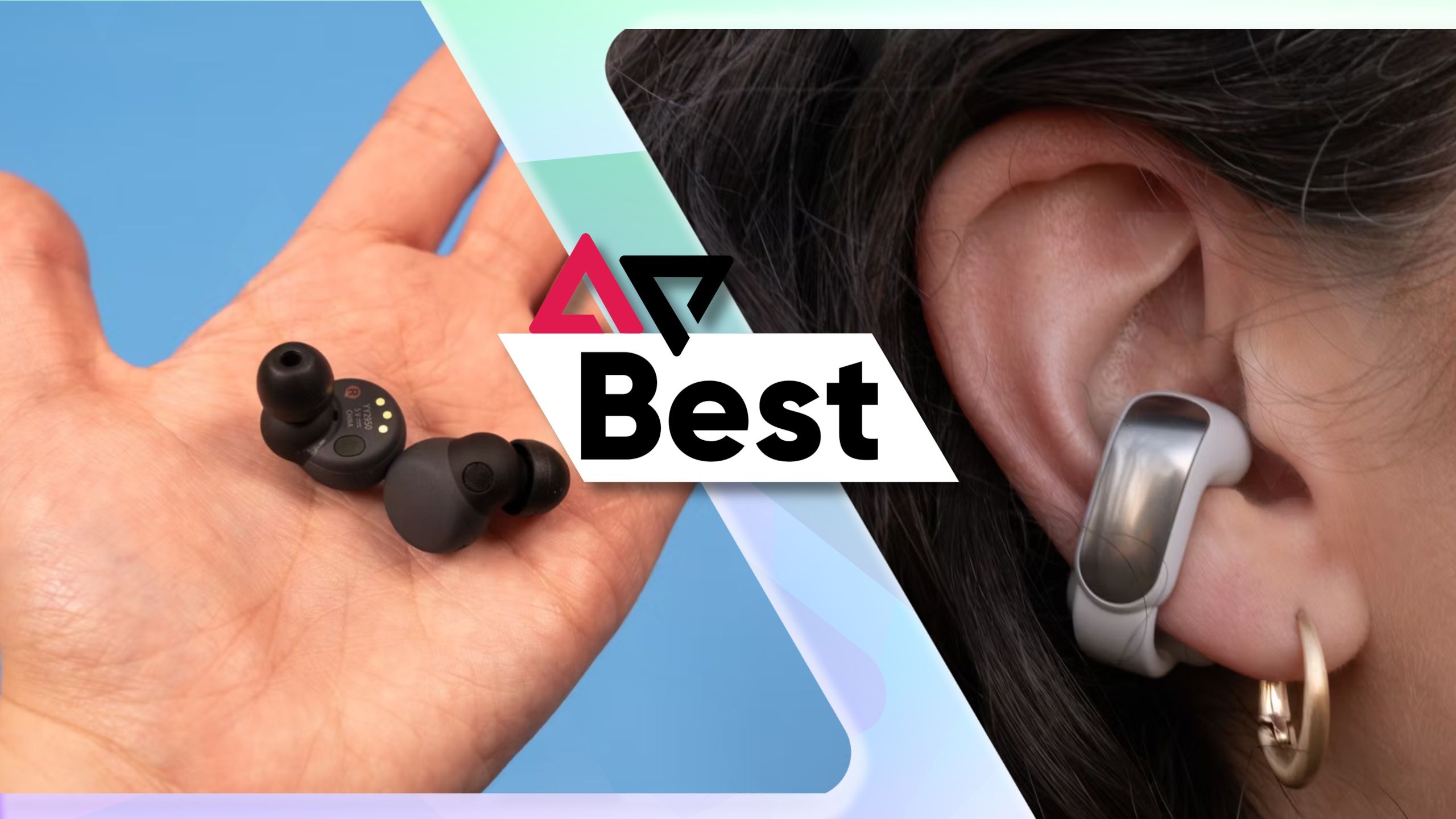 Best earbuds for small ears feature image with Sony LinkBuds S on the left and Bose Ultra Open Earbuds in ear on the right