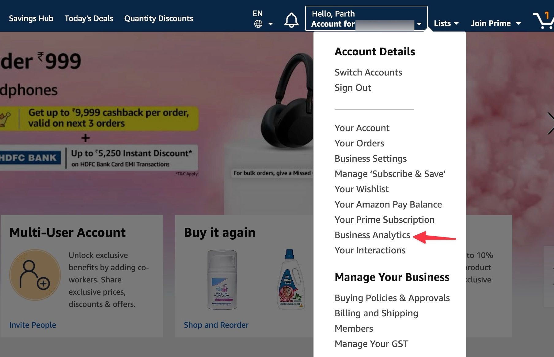 A screenshot showing an option to open Business Analytics on Amazon