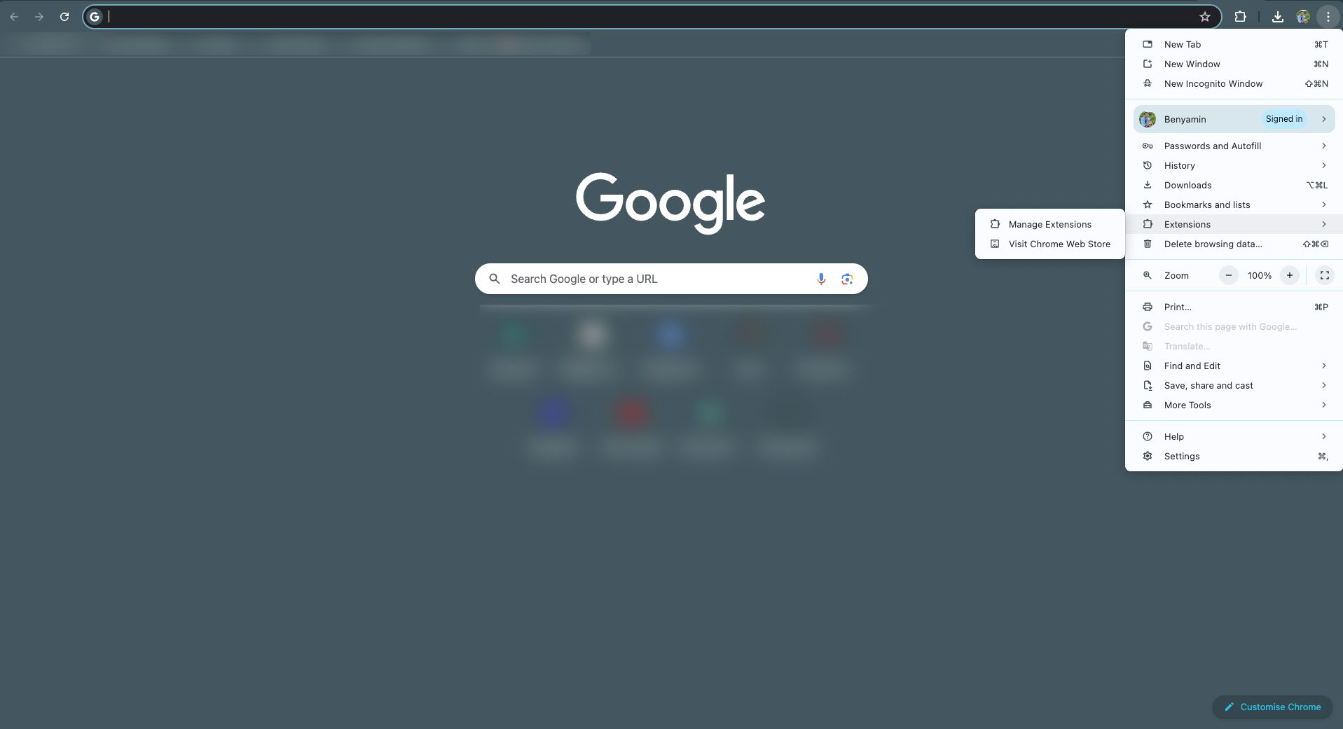 The image shows the Google Chrome browser with the settings menu open, highlighting options for managing extensions.