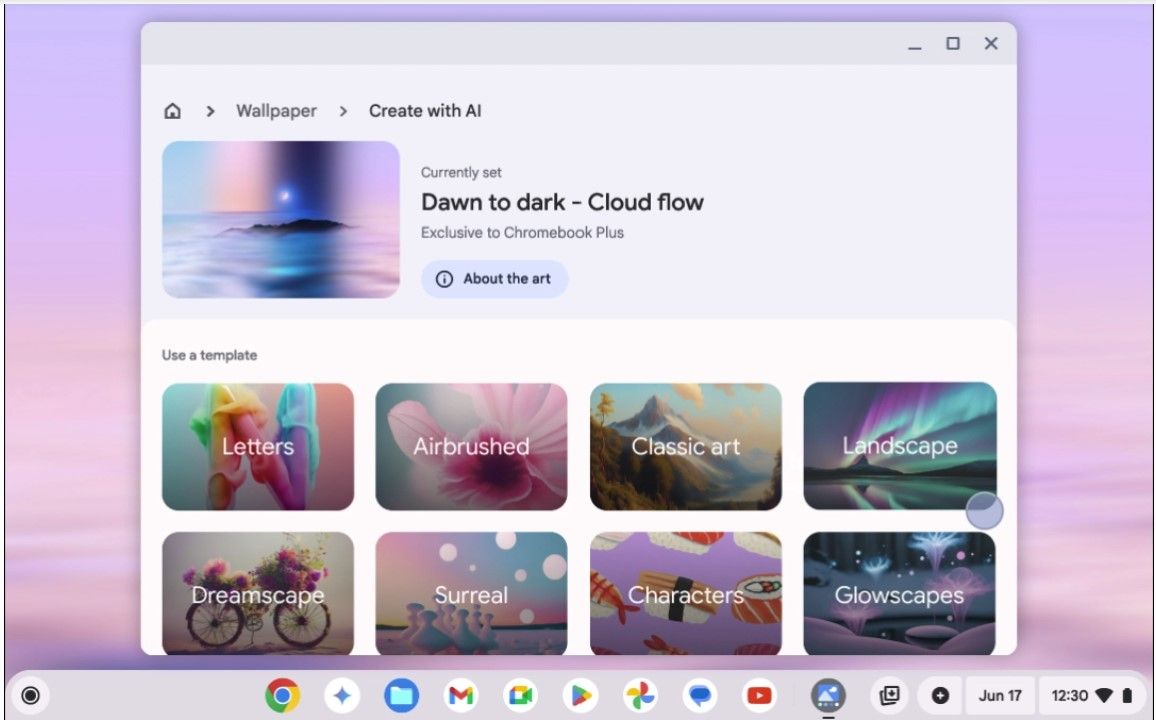 The Create with AI menu to generate an AI wallpaper on a Chromebook Plus device