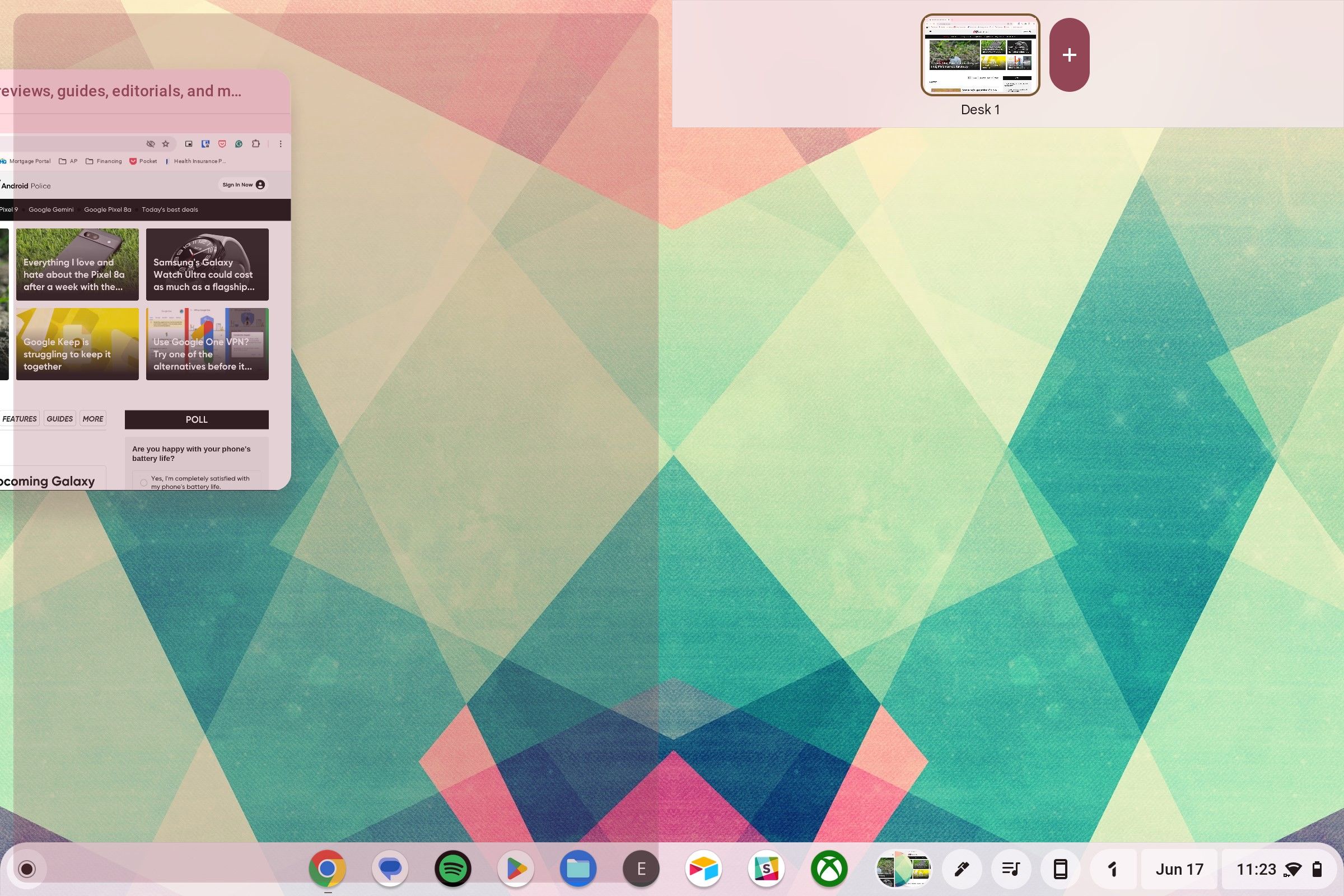Pulling a Chrome window with the Android Police website pulled up to the left of the screen to snap it