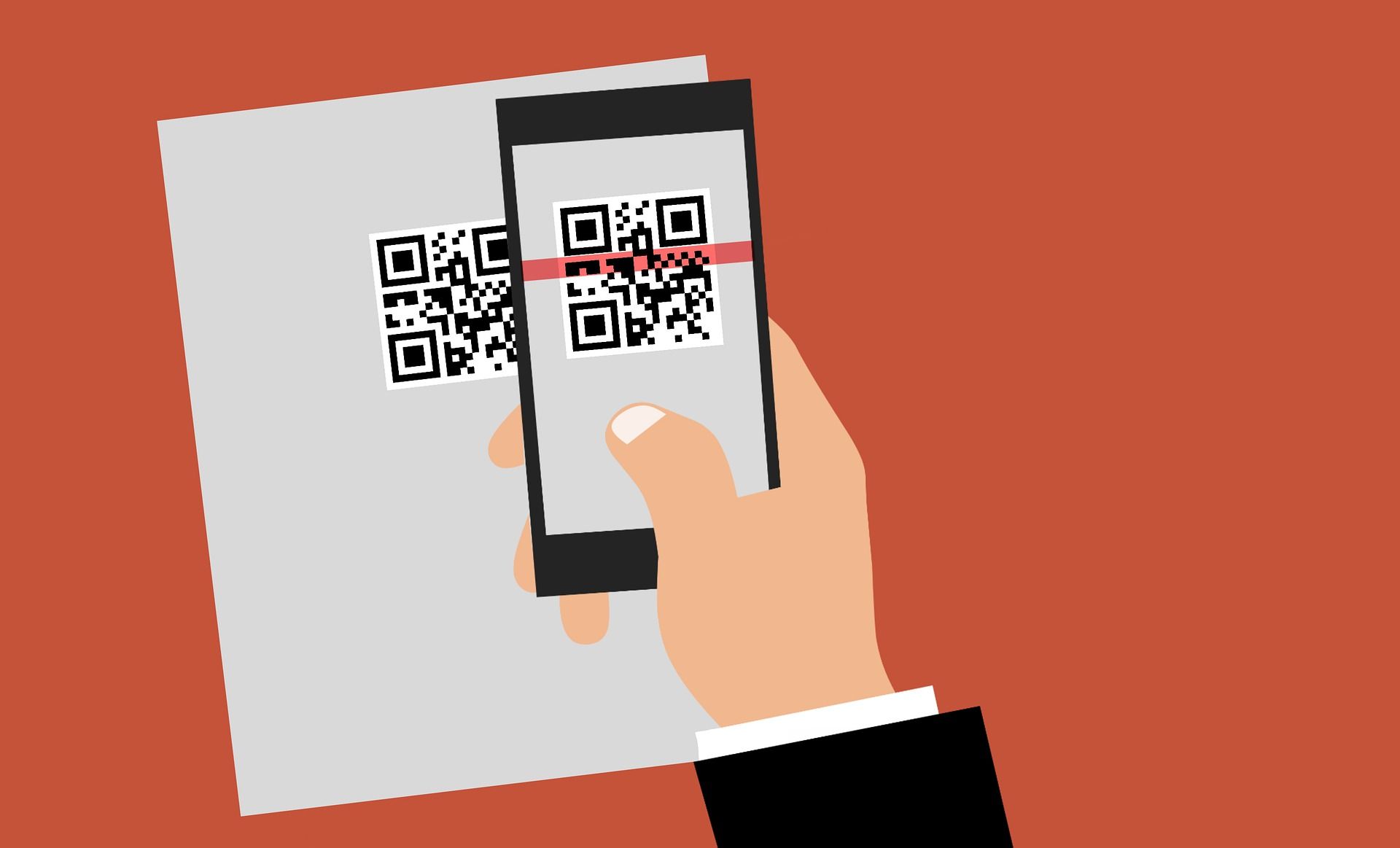 cartoon figure scanning QR code on a page using phone