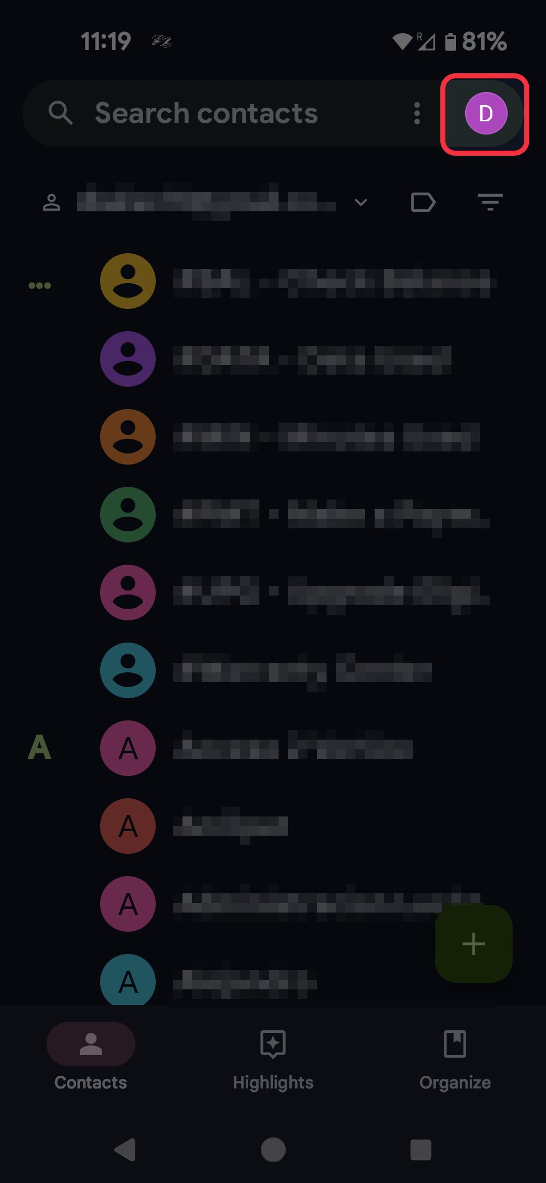 Contacts app highlighting the profile icon