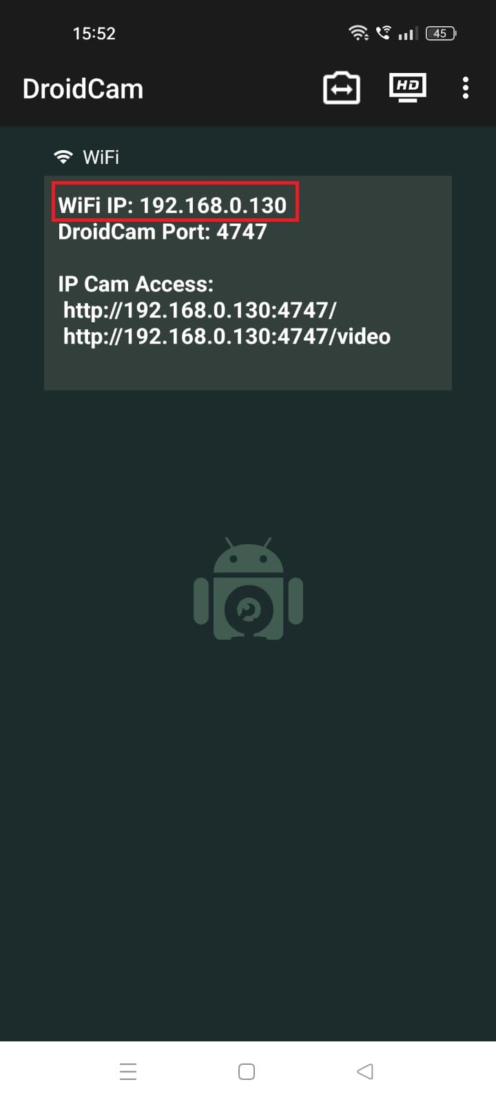 Screenshot highlighting the Wi-Fi IP address on the DroidCam app on Android