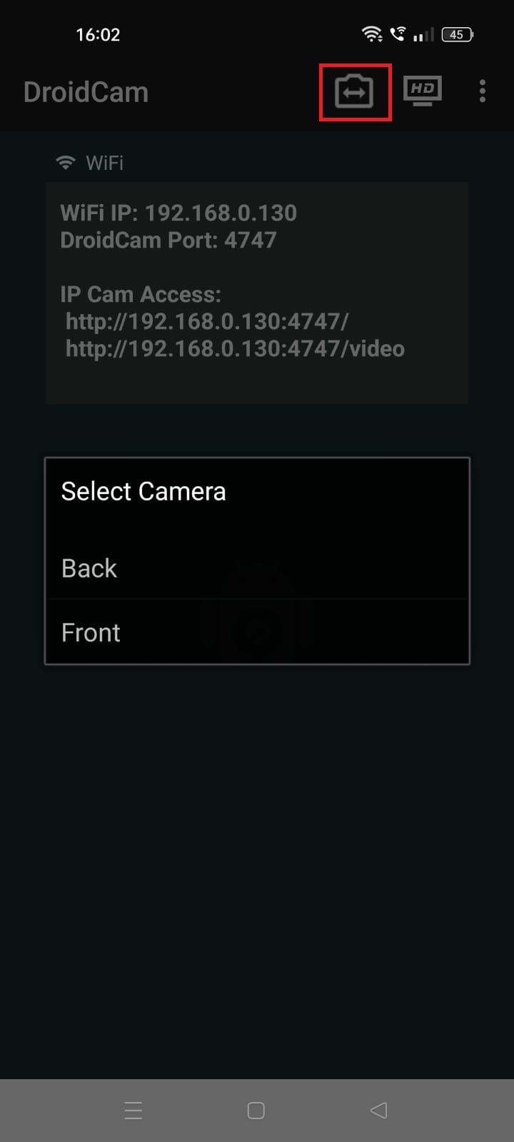 Screenshot highlighting the switch camera icon on the DroidCam app on Android