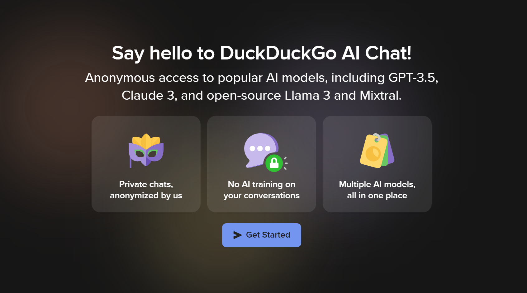 DuckDuckGo's AI chat welcome screen