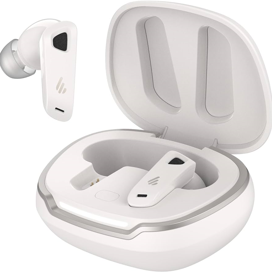 Edifier Neobuds Pro 2 in white, with case open and one earbud removed