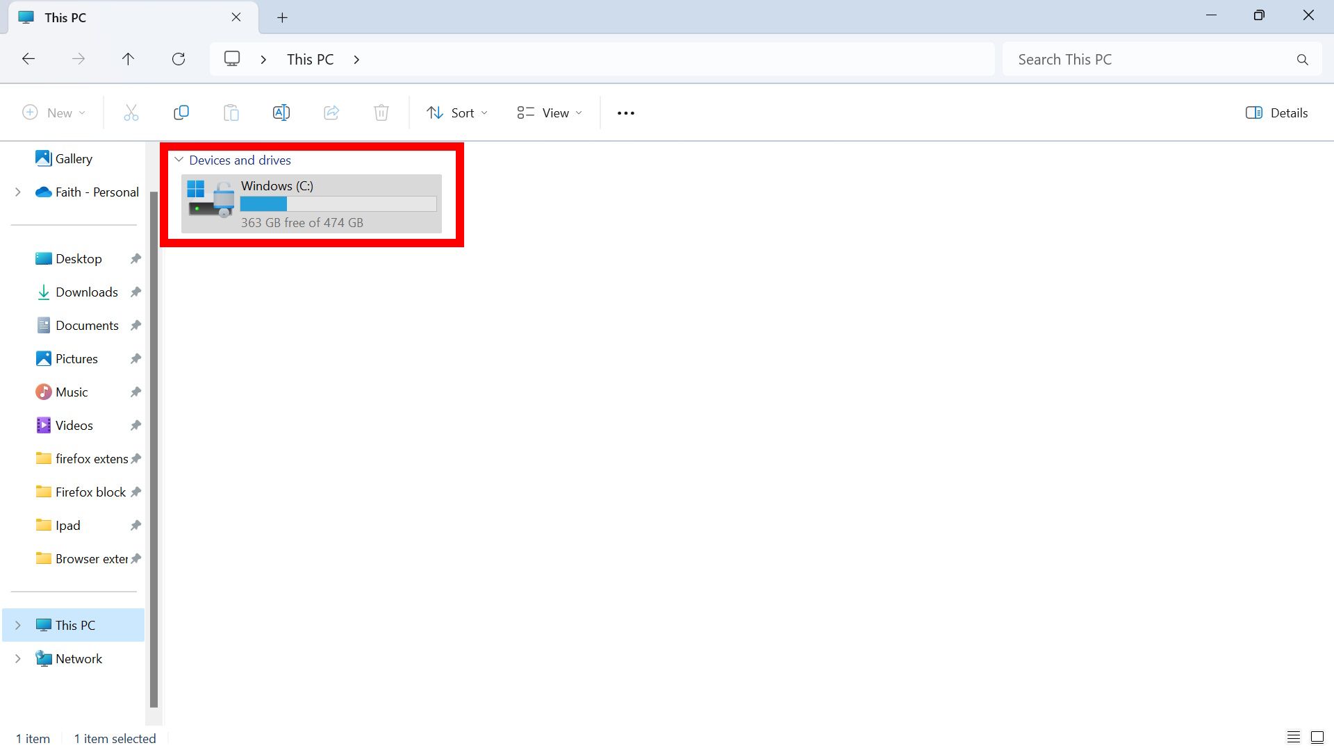 red rectangle outline highlighting the c drive listed in file explorer on a windows 11 computer