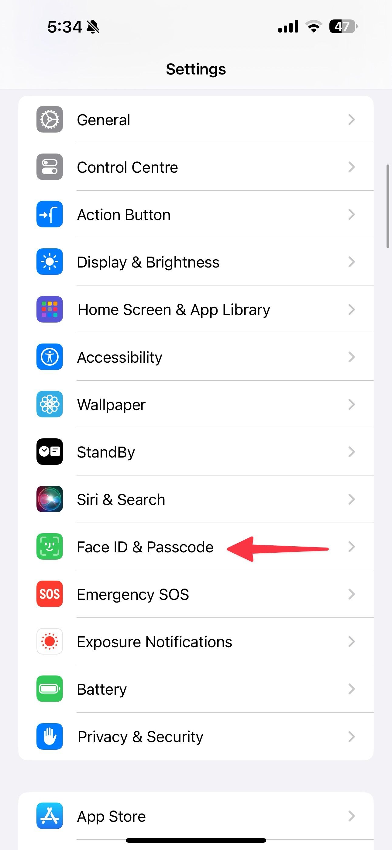 face ID and passcode menu