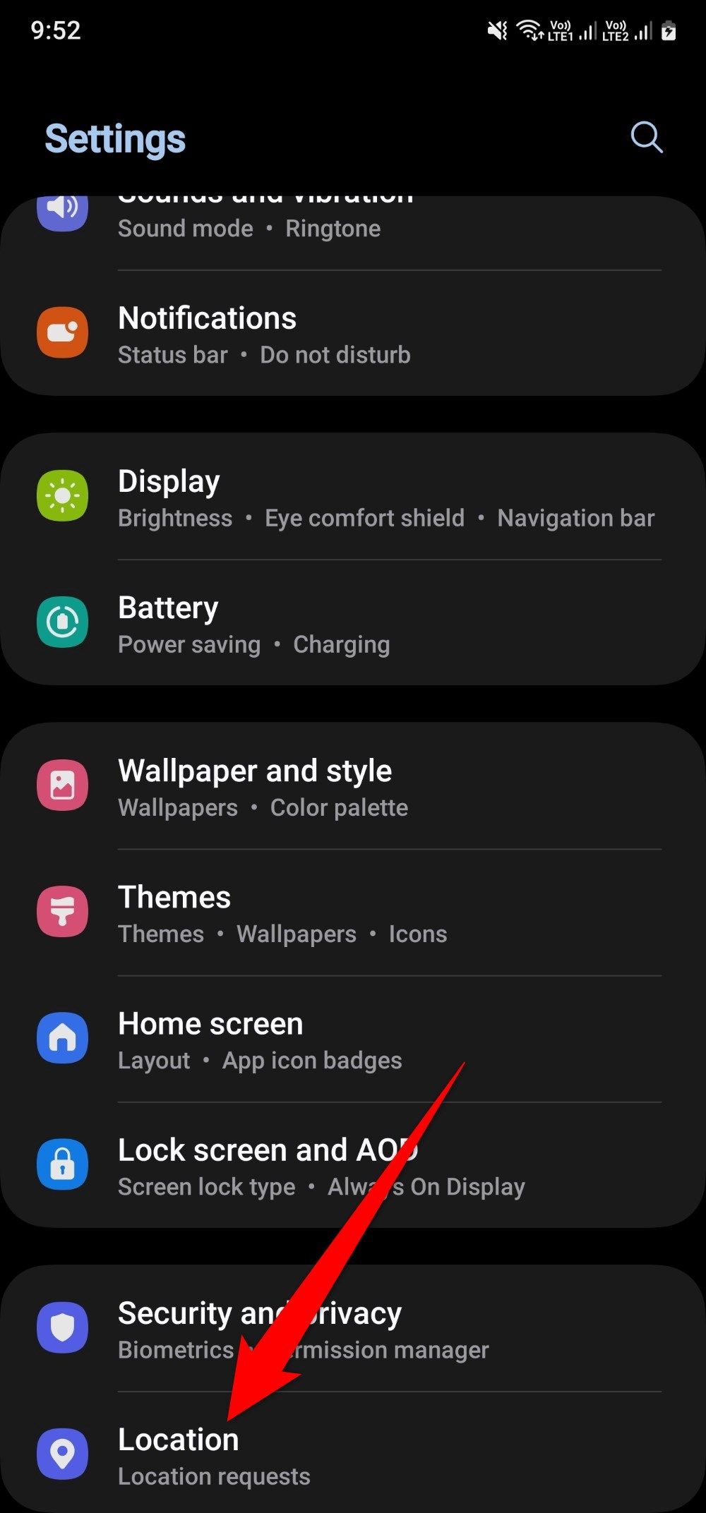 Screenshot sowing the Location setting on a Samsung Galaxy A25