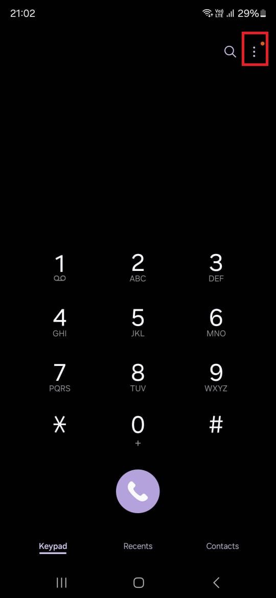 Screenshot highlighting the three-dot icon on the Samsung Phone app