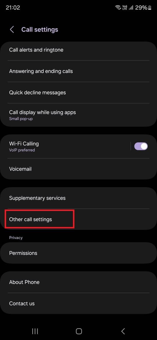 Screenshot highlighting Other call settings in the Samsung Phone app