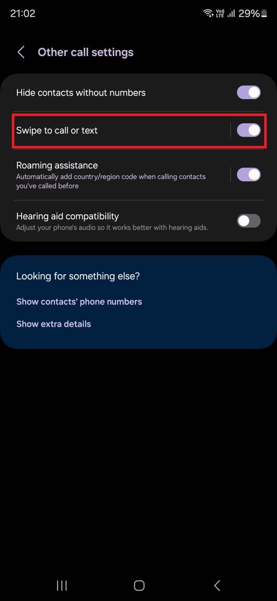 Screenshot highlighting Swipe to call or text in the Samsung Phone app