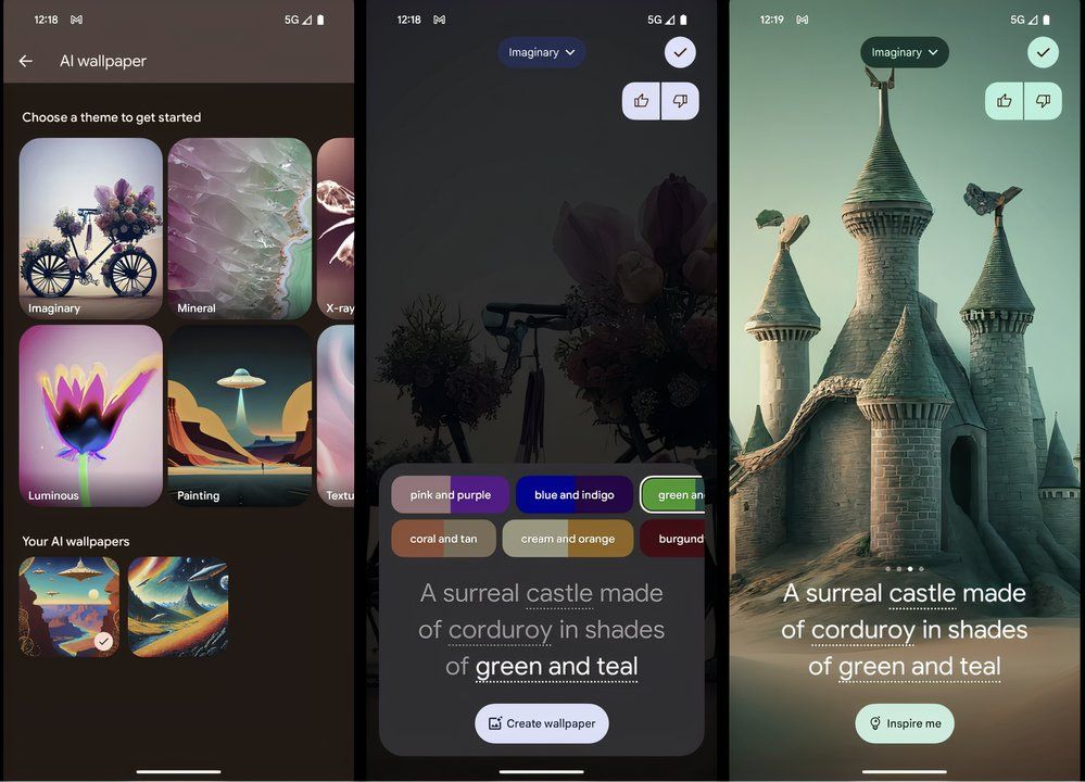 he image showcases the process of creating AI-generated wallpapers on a Samsung smartphone, featuring theme selection, color customization, and the final wallpaper preview.