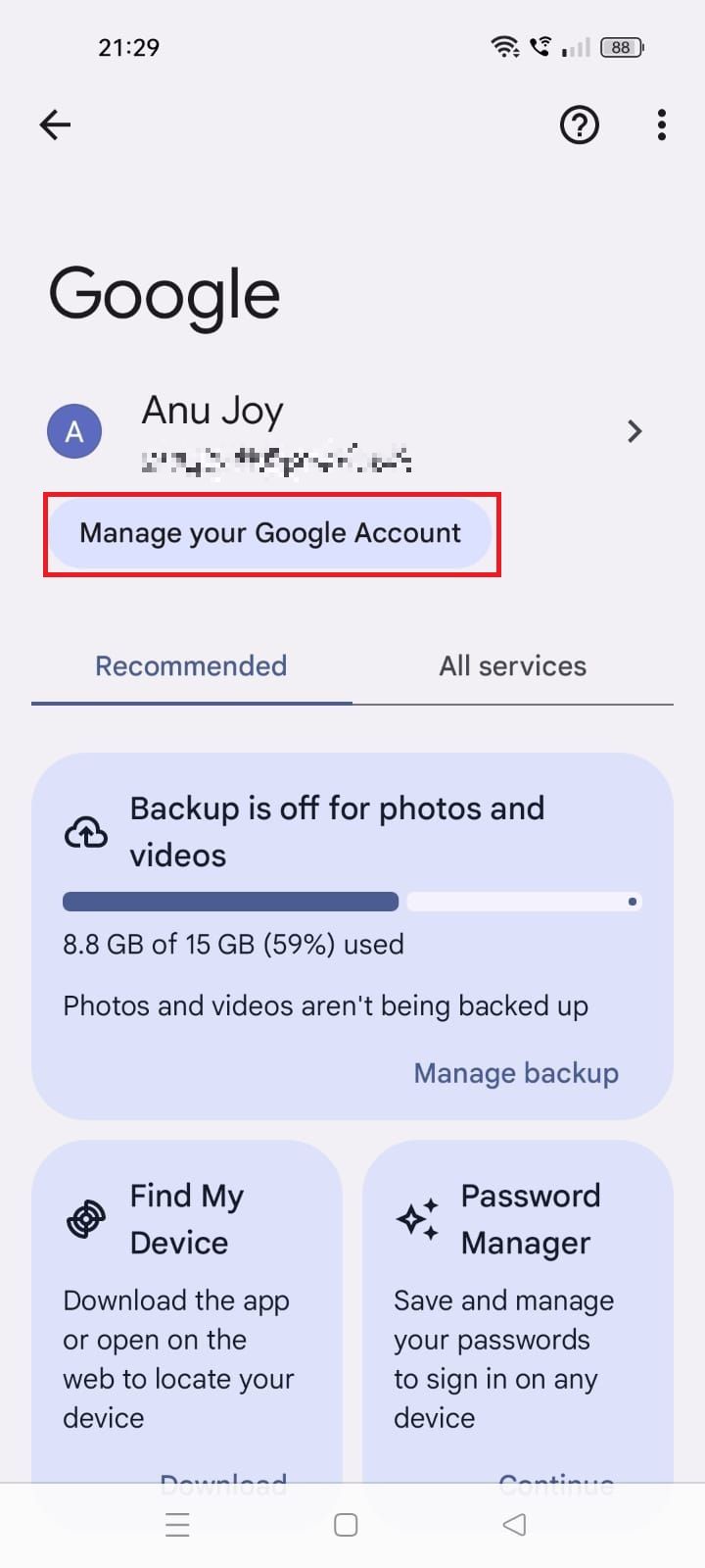 Screenshot highlighting Manage your Google account in the Google app settings