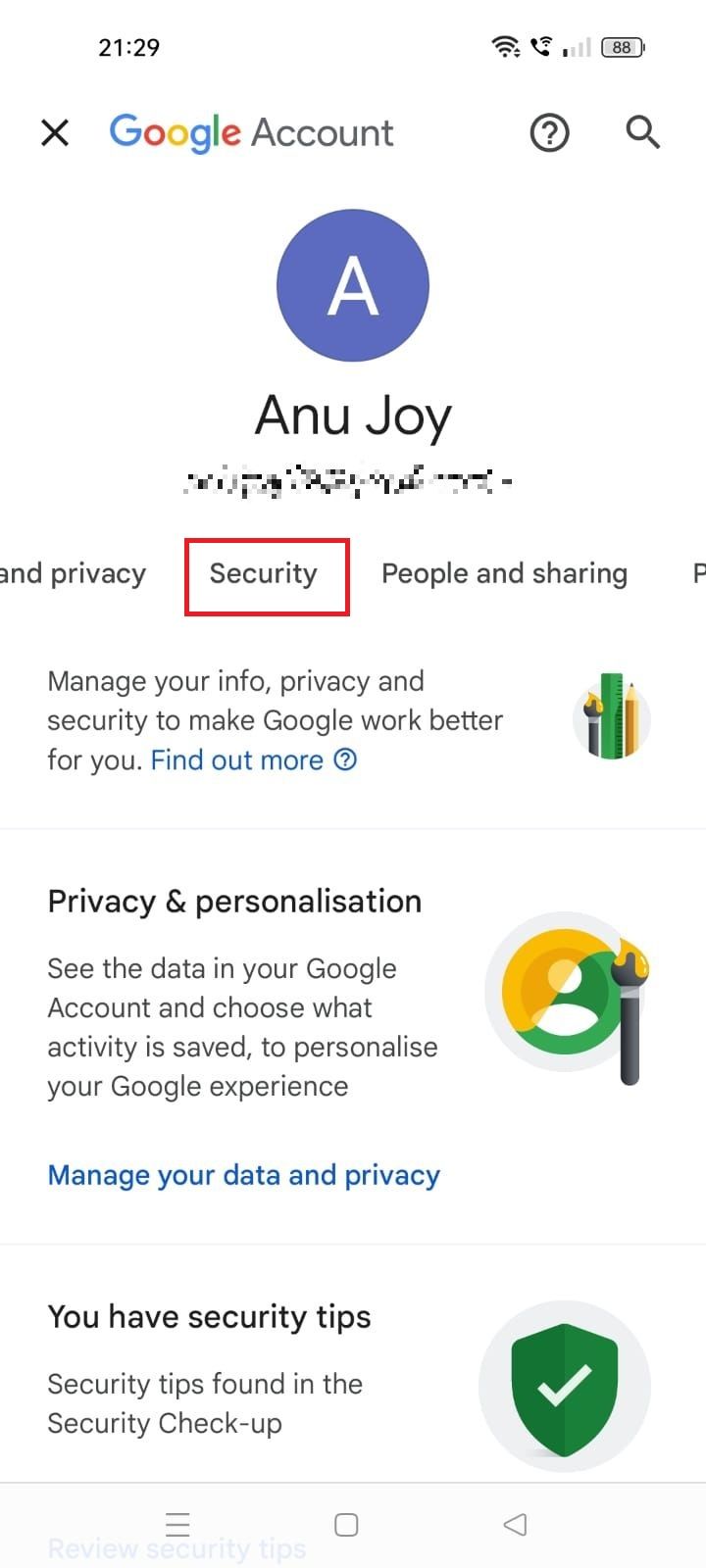 Screenshot highlighting Security in the Google account settings