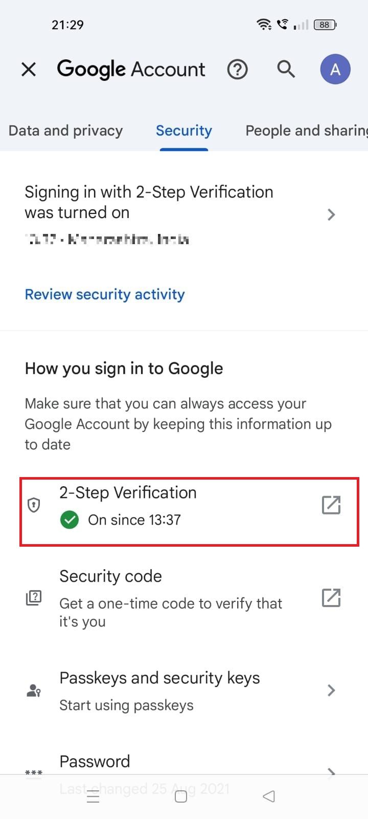 Screenshot highlighting 2-Step Verification in the Google account settings