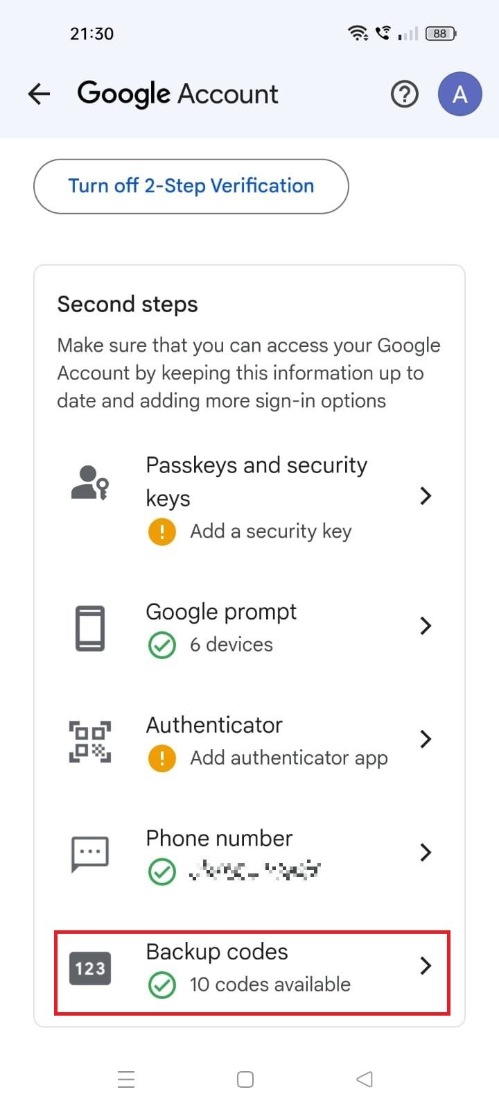 Screenshot highlighting Backup codes in the Google account settings