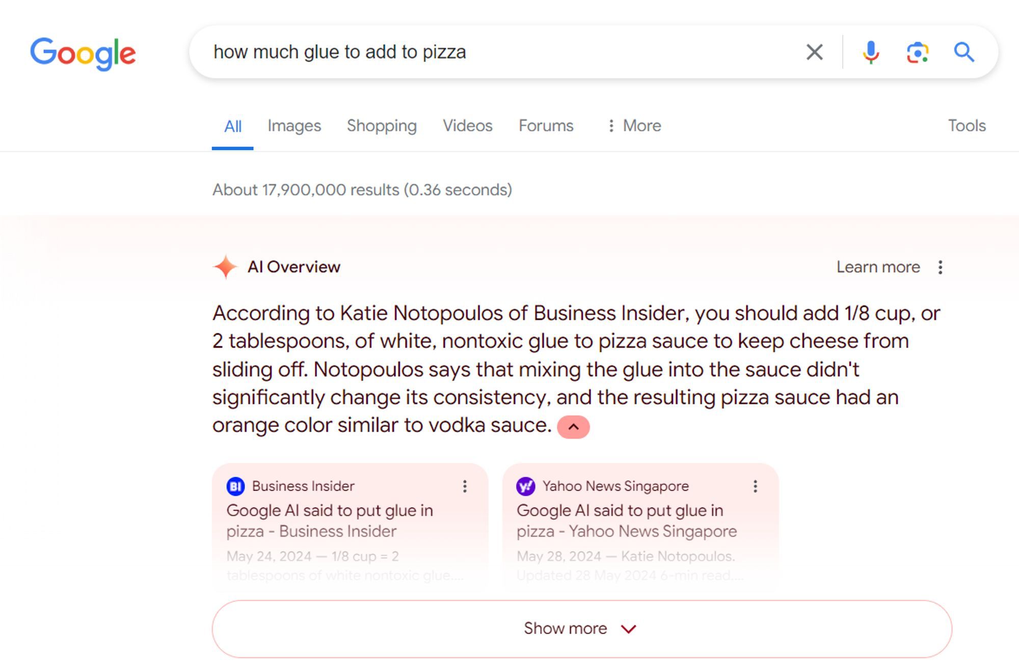 Google's AI Overviews is still recommending adding glue to the pizza, quoting credible journalists' article talking about AI Overviews' initial blunder.