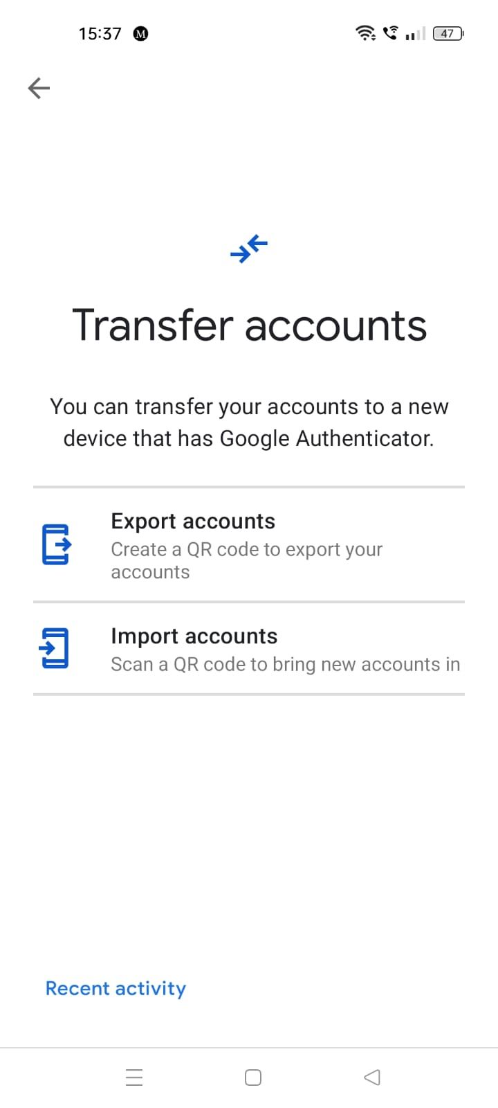 Screenshot of the Google Authenticator Transfer accounts page