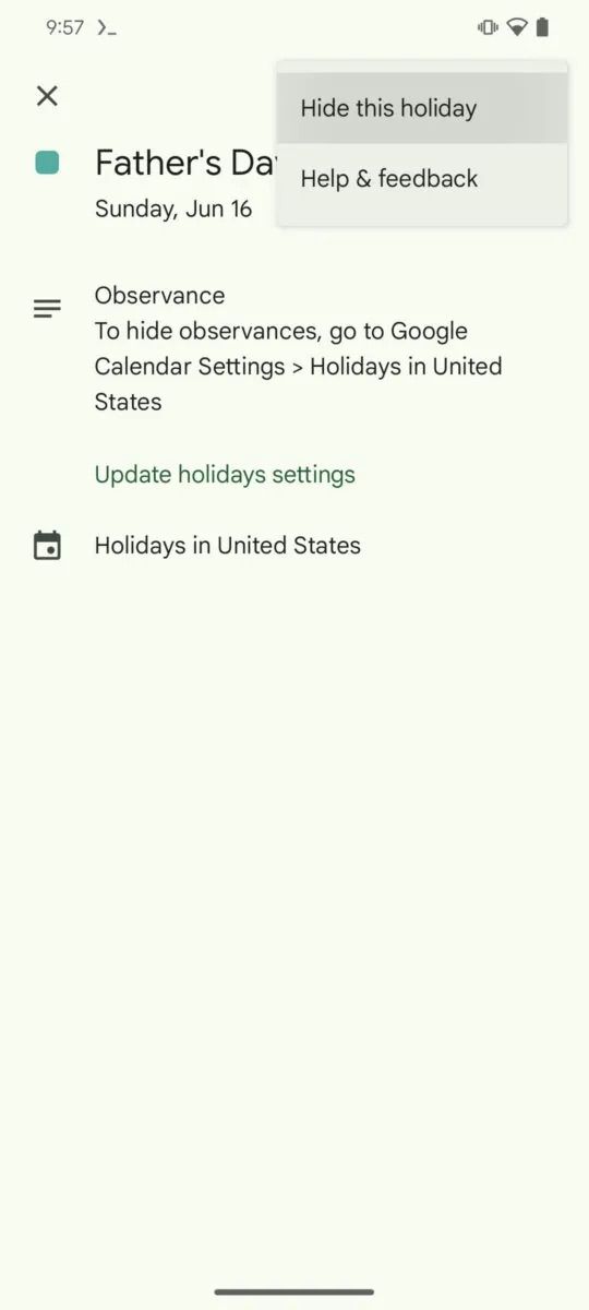 A screenshot of a Father's Day listing in Google Calendar with a Hide this holiday option
