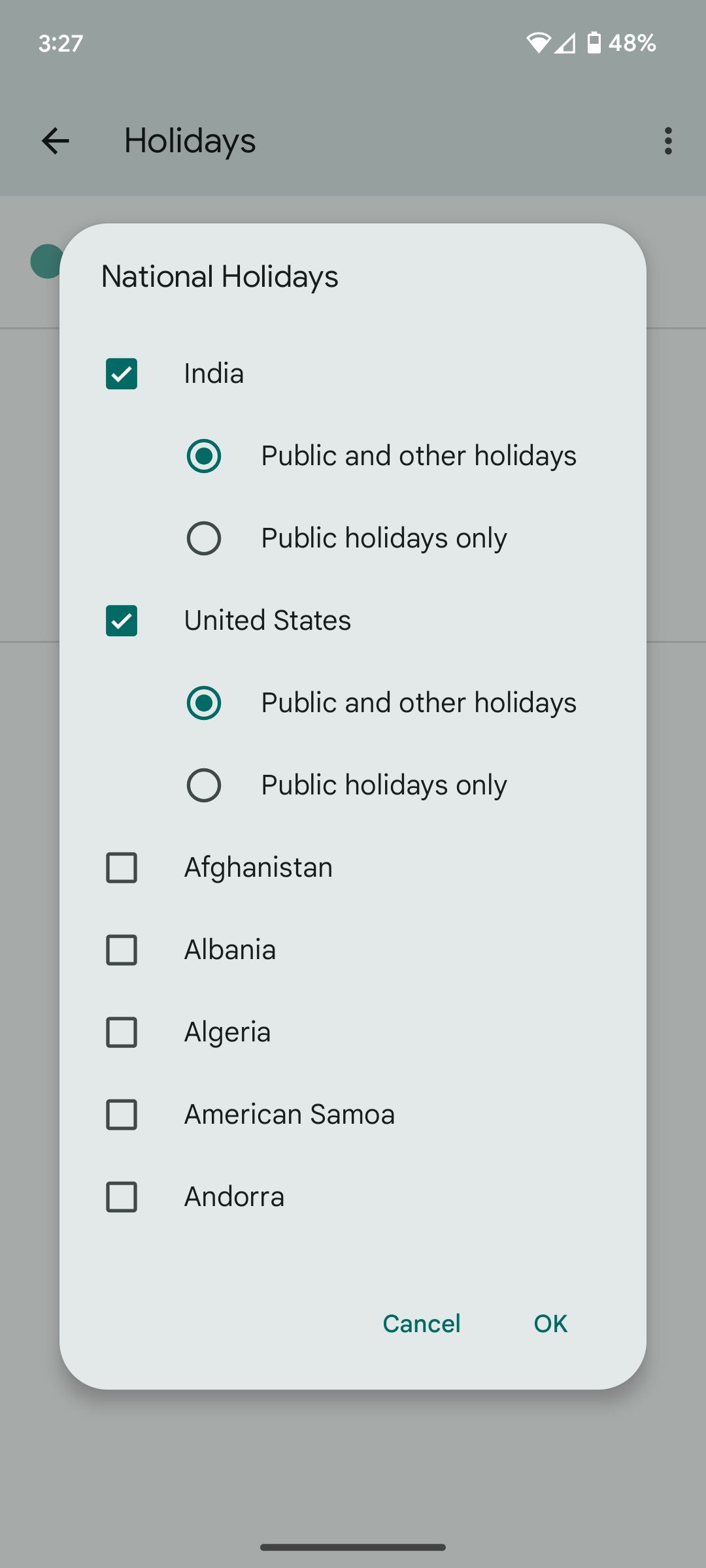 A screenshot of Google Calendar's holidays menu