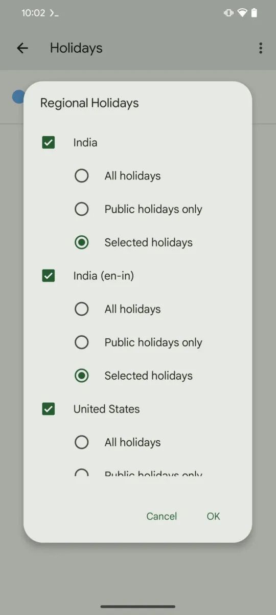 A screenshot showing Google Calendar's holiday selection page, with a new Selected holidays option