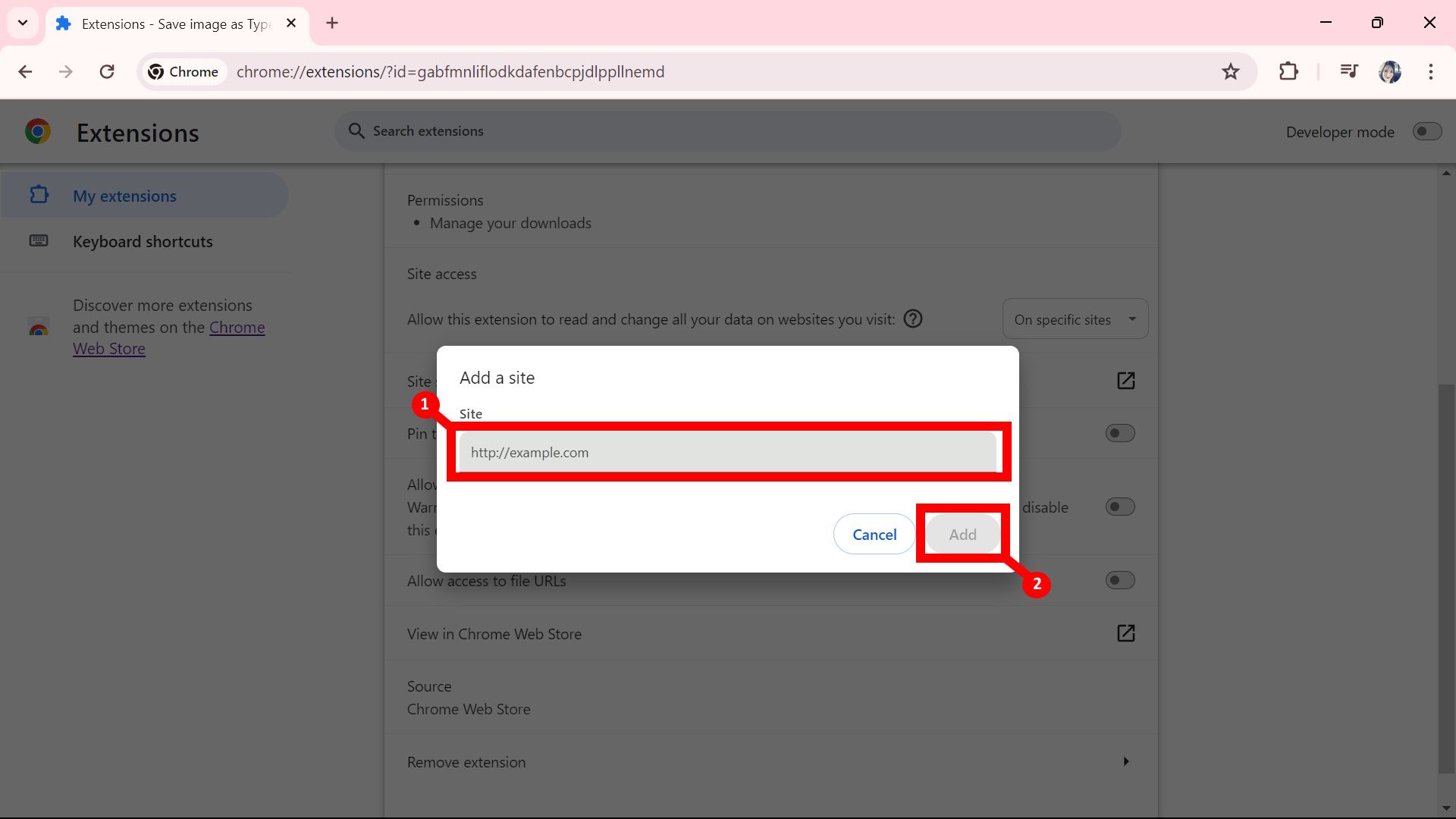 two rectangle box outlines with label 1 and 2 showing url text field and add button on add a site