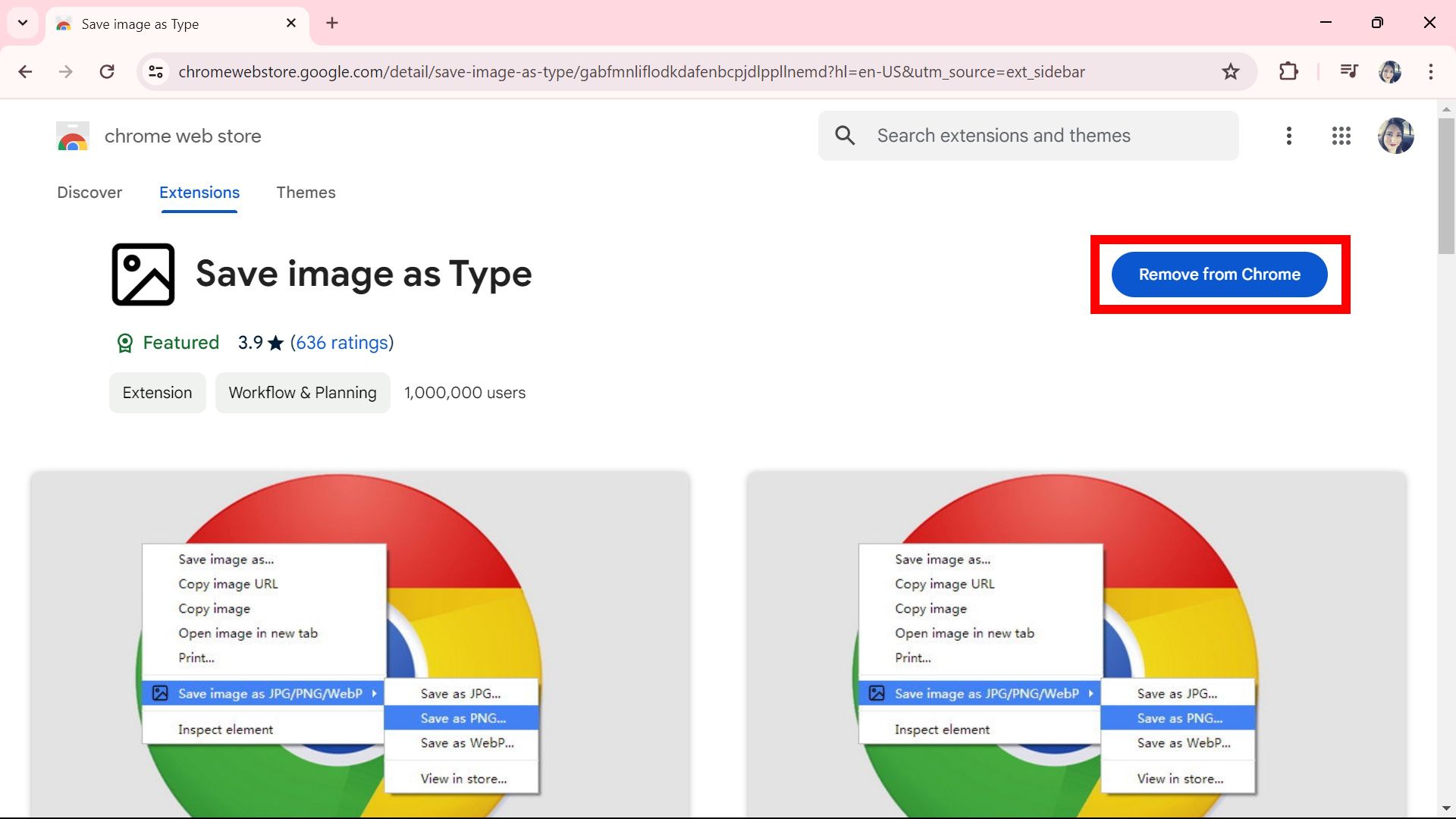 red rectangle outline over remove from chrome button in chrome web store