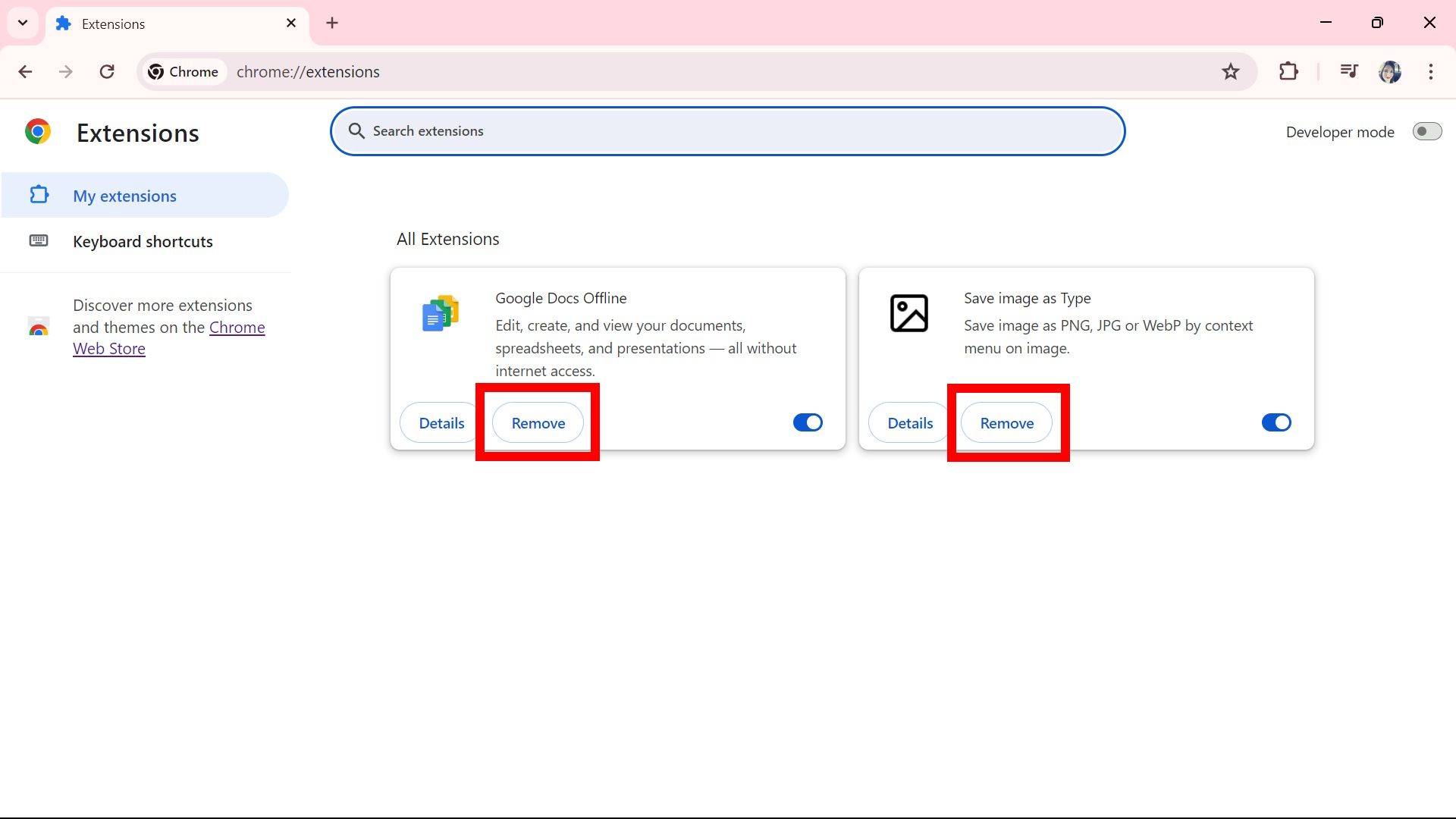 two rectangle outlines over remove option under extension in all extensions on google chrome