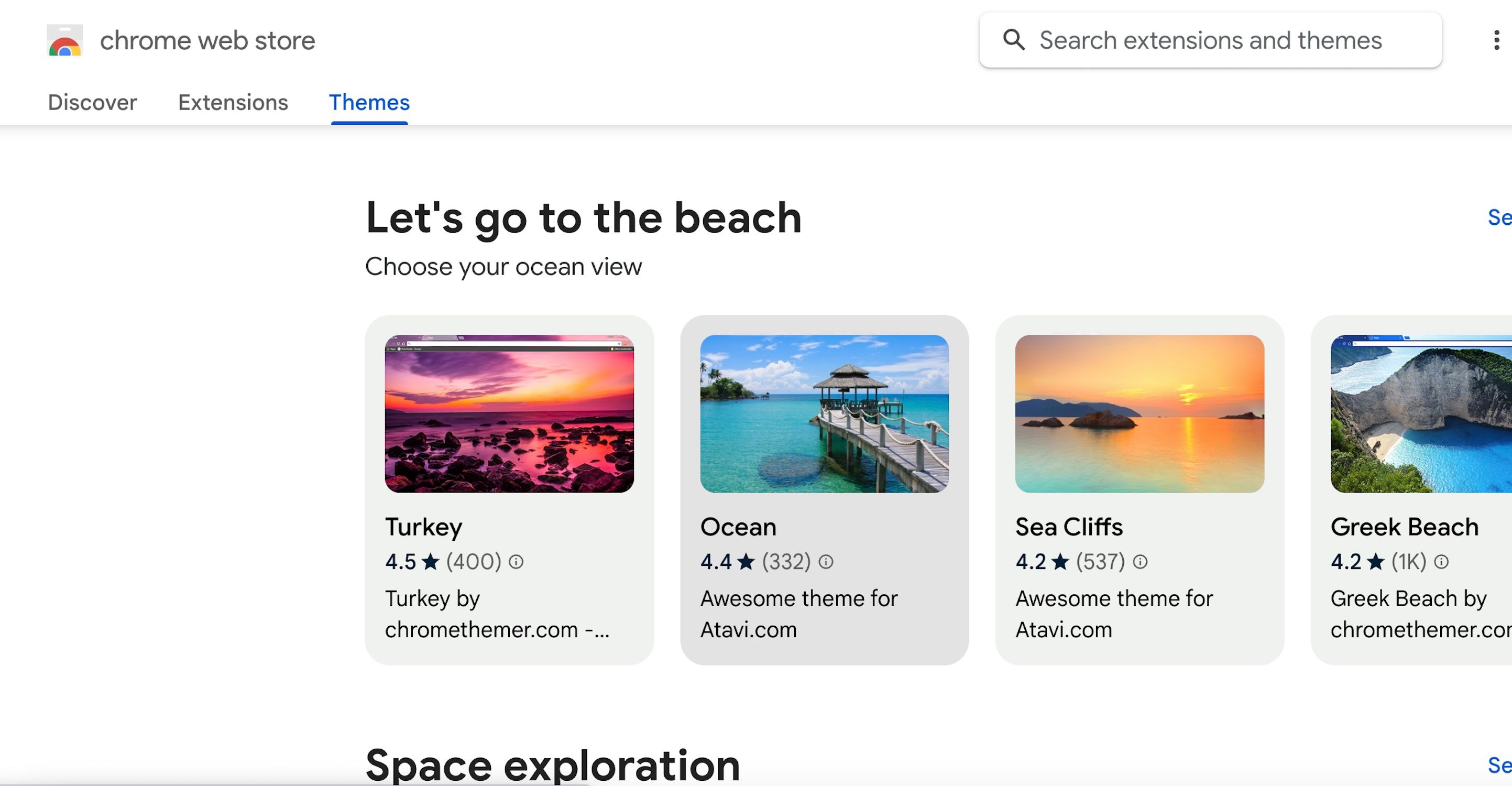 A screenshot of the Google Chrome theme store.