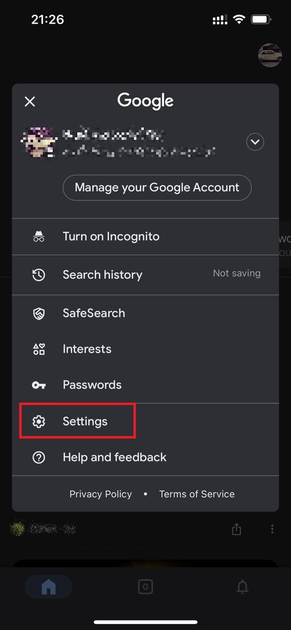 Screenshot highlighting Settings on the Google iOS app