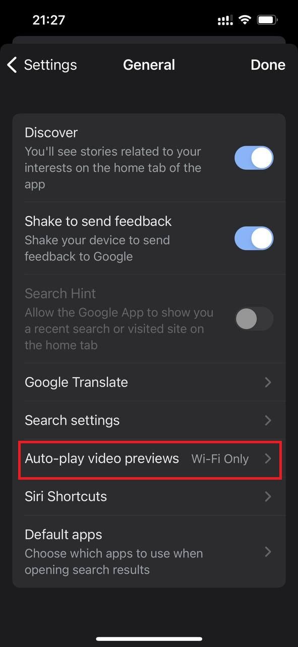 Screenshot highlighting Auto-play video previews on the Google iOS app