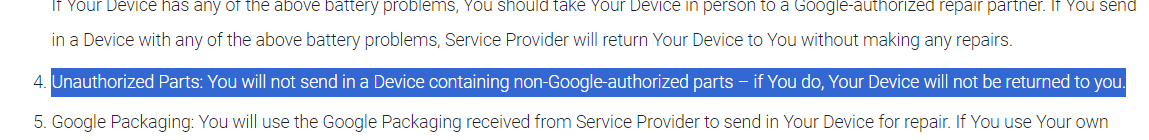 A screenshot of the support document that hihglting Google's terms. 