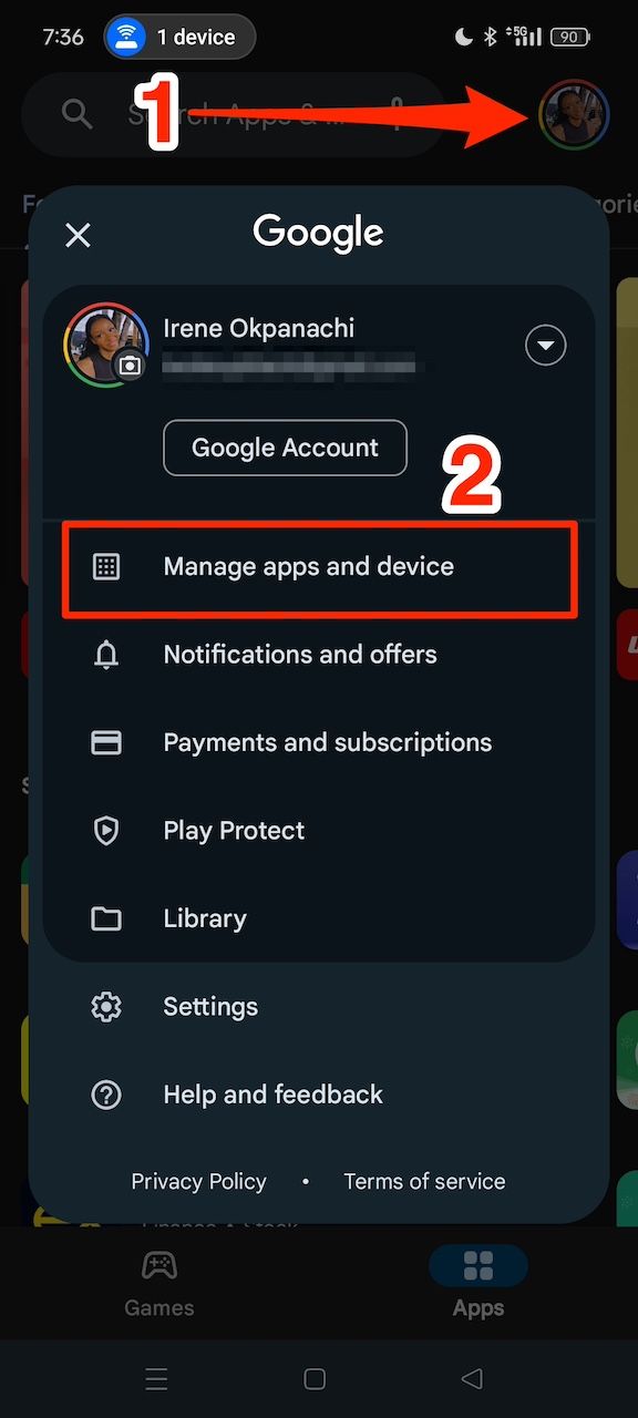 Google Play Store account menu options