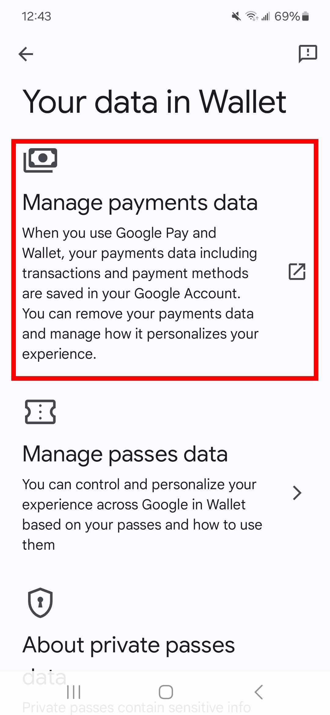 Red rectangle outline over Manage payments data in Your data in Wallet page in Google Wallet app