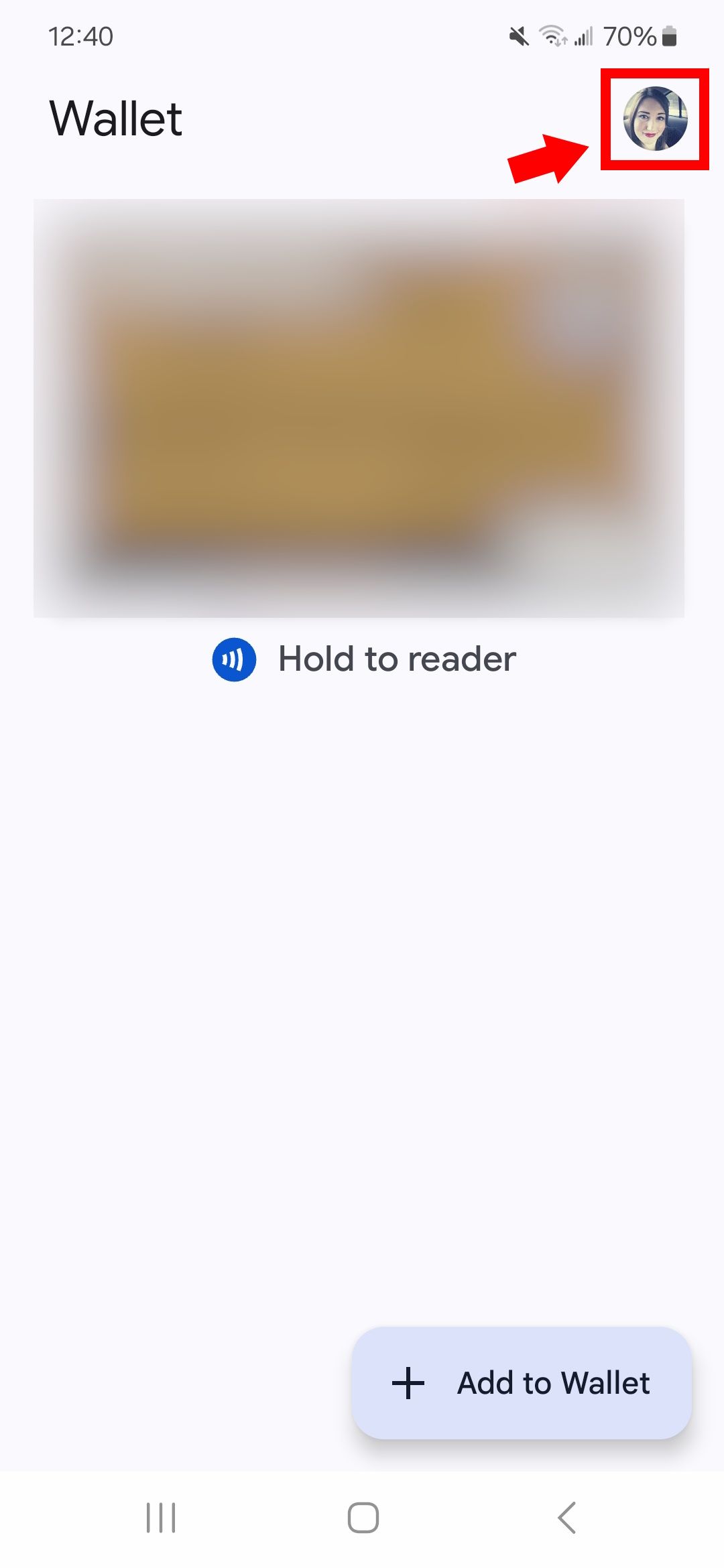 Red solid arrow pointing to red square outline over profile icon in Google Wallet app