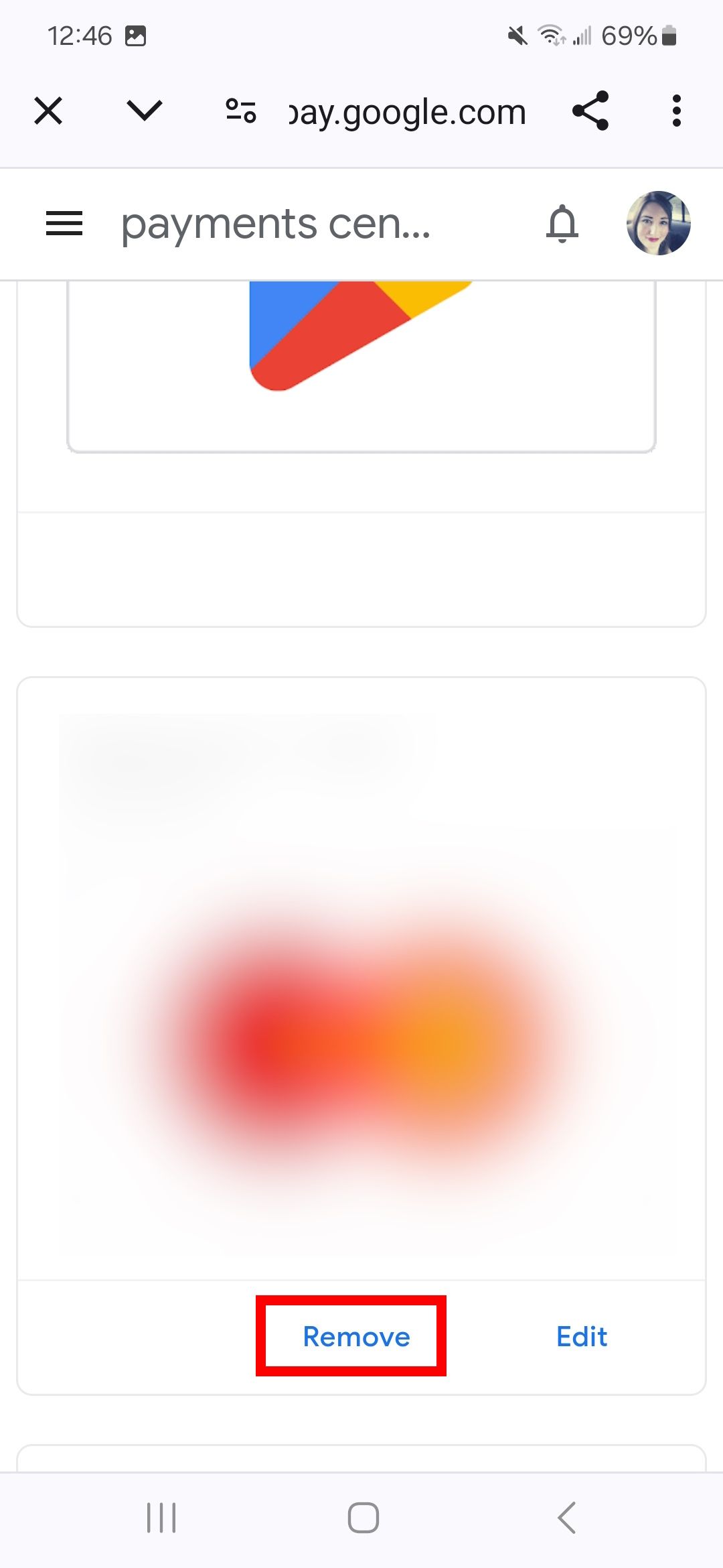 Red rectangle outline over Remove button in payments center page