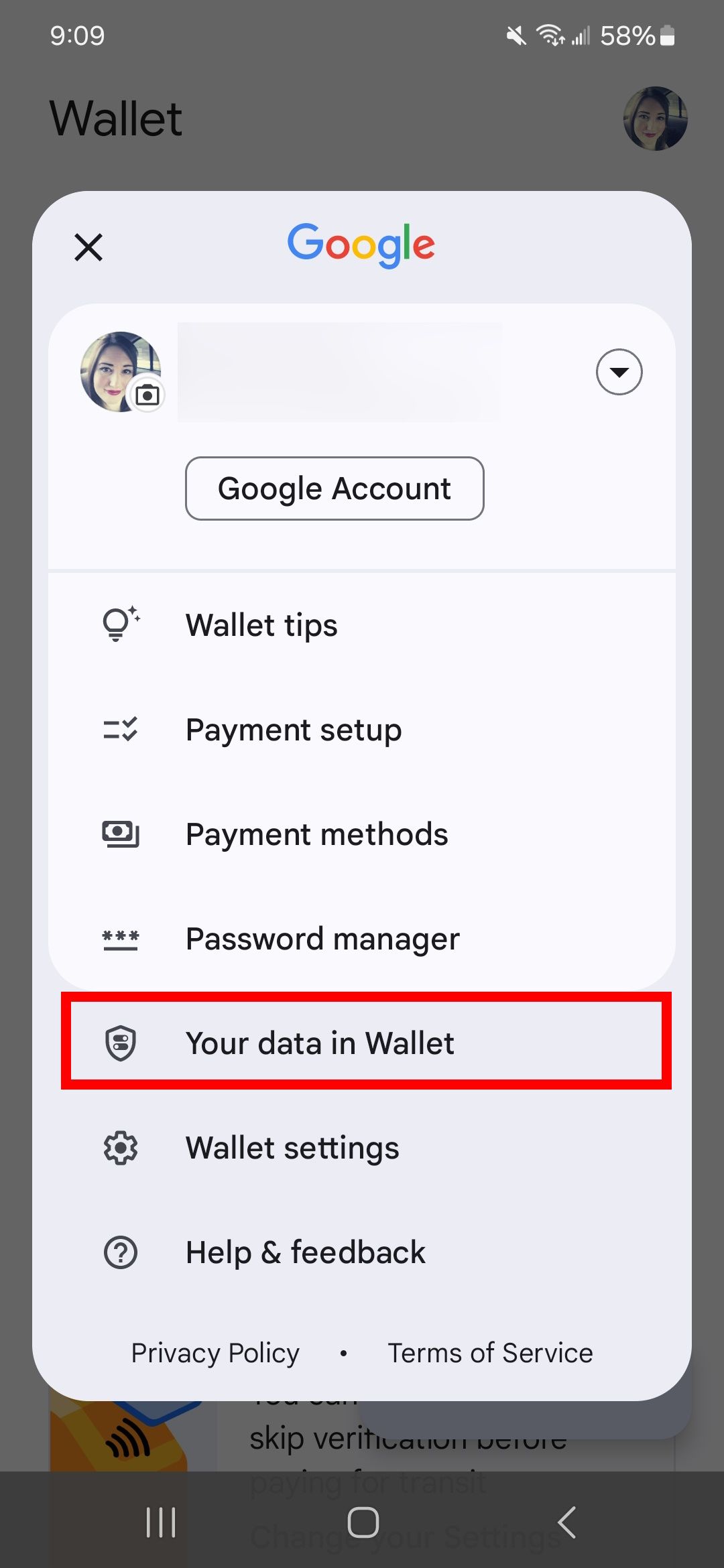 Red rectangle outline over Your data in Wallet option in Google account page on Google Wallet