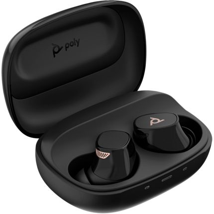 HP Poly Voyager Free 20 wireless earbuds resting in the case on a white background