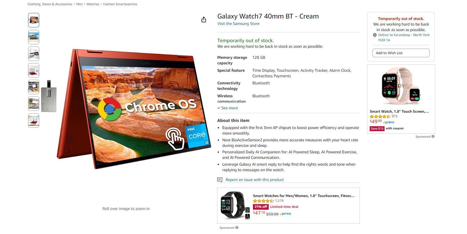 A screenshot of the Galaxy Watch 7's early Amazon listing highlighting some of its features and specs.