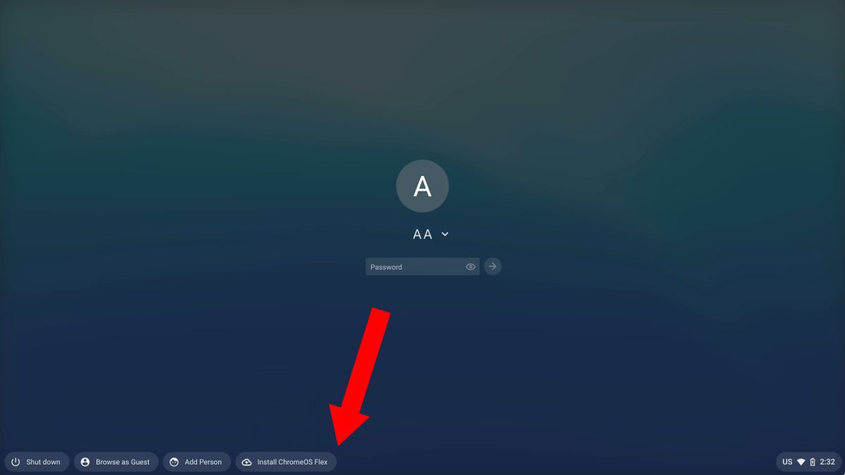 The login screen of an operating system with an option to "Install ChromeOS Flex" highlighted at the bottom.