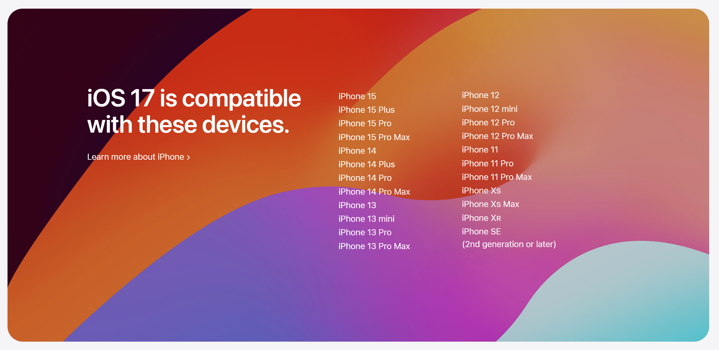 A chart showing what phones are compatible with iOS 17.