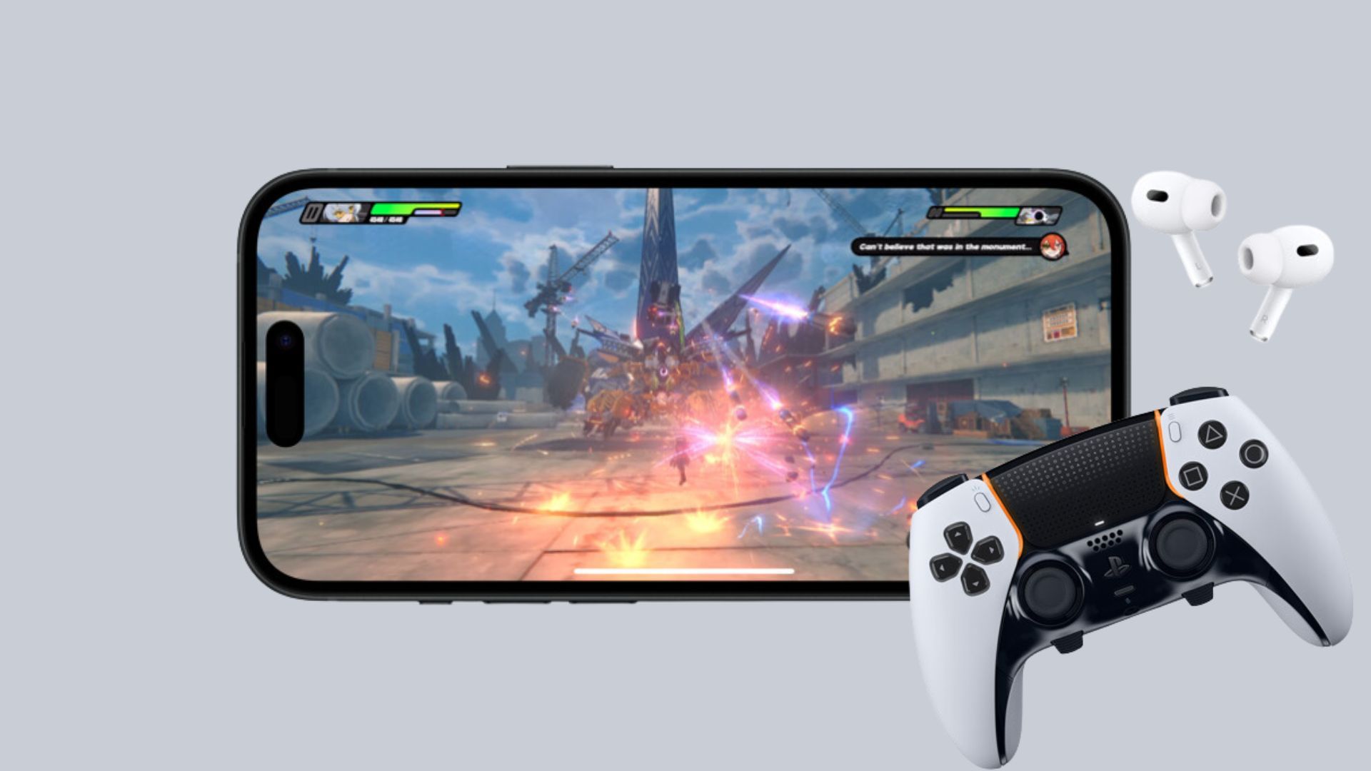 Game mode on iOS 18 next to AirPods and a PlayStation 5 gaming controller