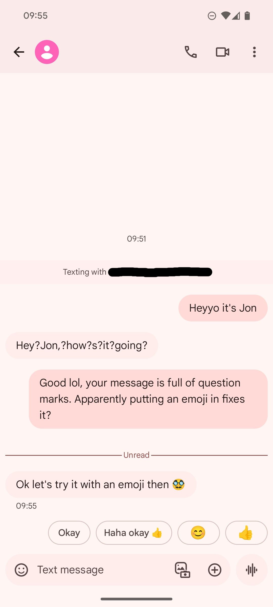 A screenshot of a text message conversation between an iPhone and a Google Pixel, showing a strange question mark.