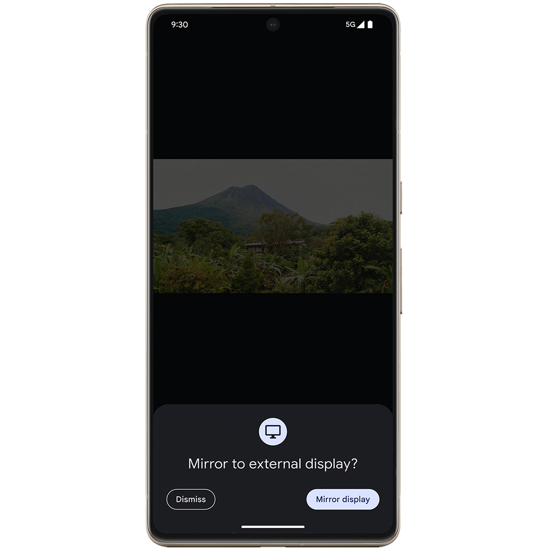 Screenshot showing a "Mirror to external display" prompt that will appear on Pixel 8 and newer models when connecting via DisplayPort.