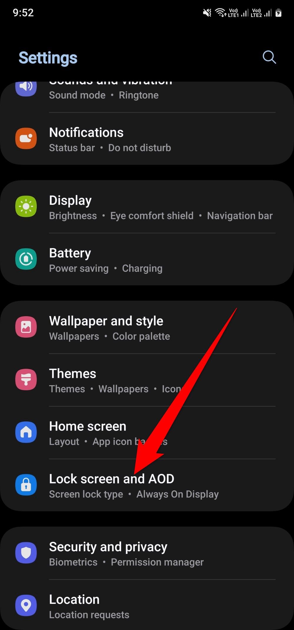 Screenshot showing the Lock Screen and AOD setting on a Samsung Galaxy A25