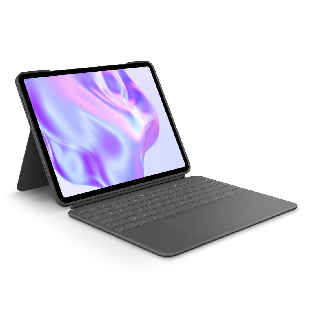 Logitech Combo Touch for iPad Pro 13, angled kickstand view with keyboard