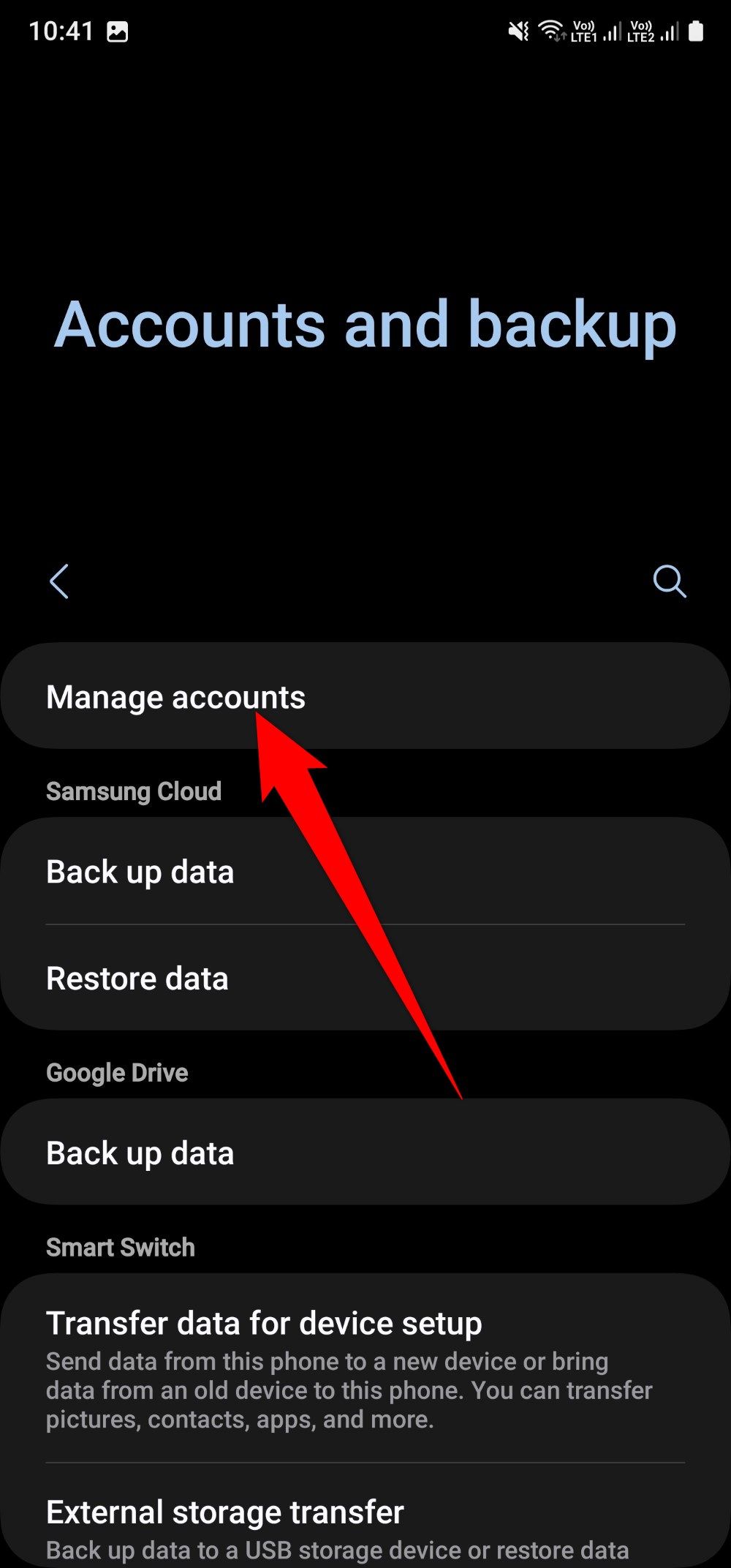 Screenshot showing the Manage account setting on a Samsung Galaxy A25 phone