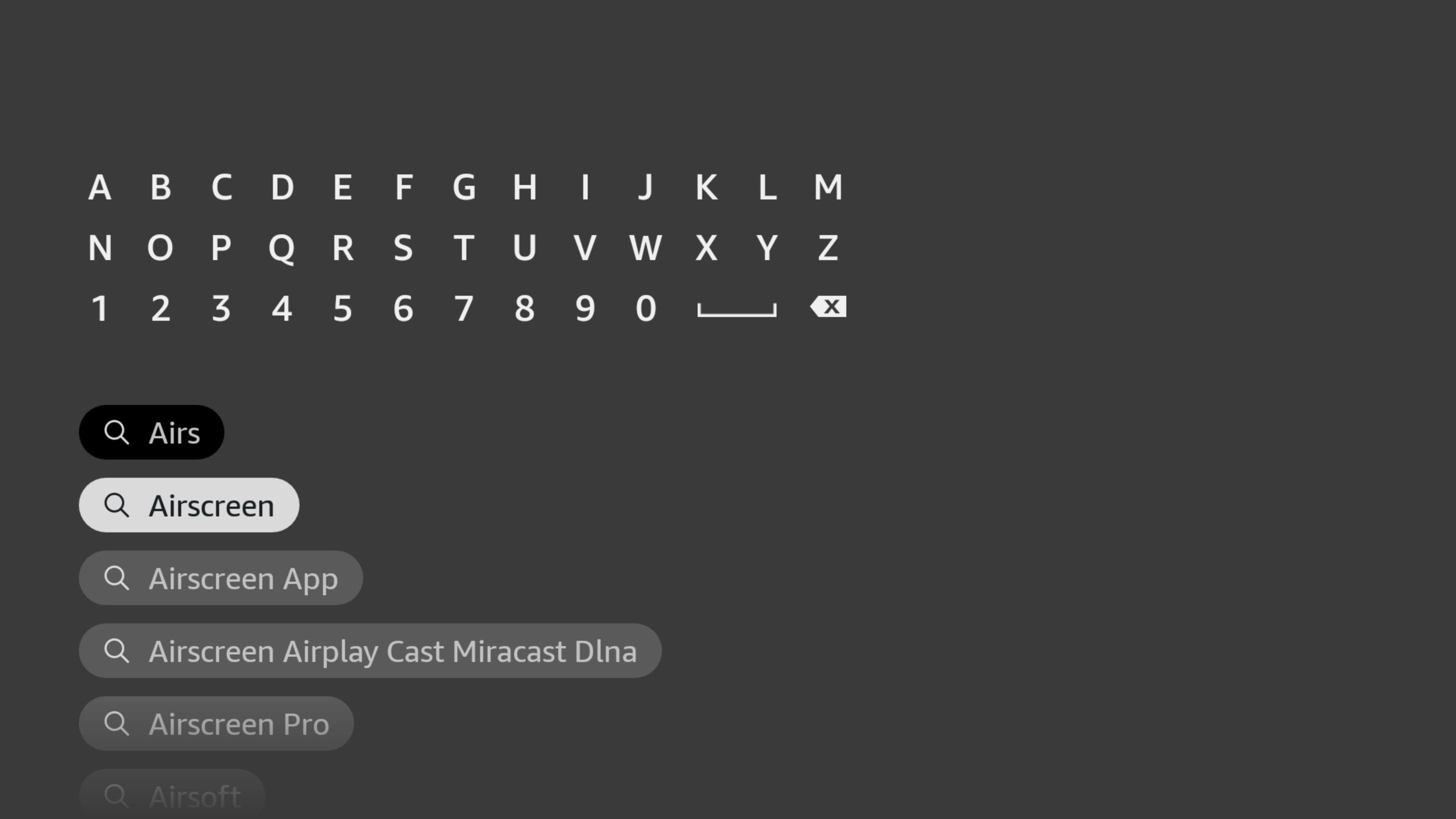 Suggested search options for AirScreen on Fire TV Stick